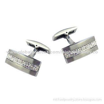 Stainless Steel Cufflinks with White Crystal PP Stones, Elegant, Arch, Brushed